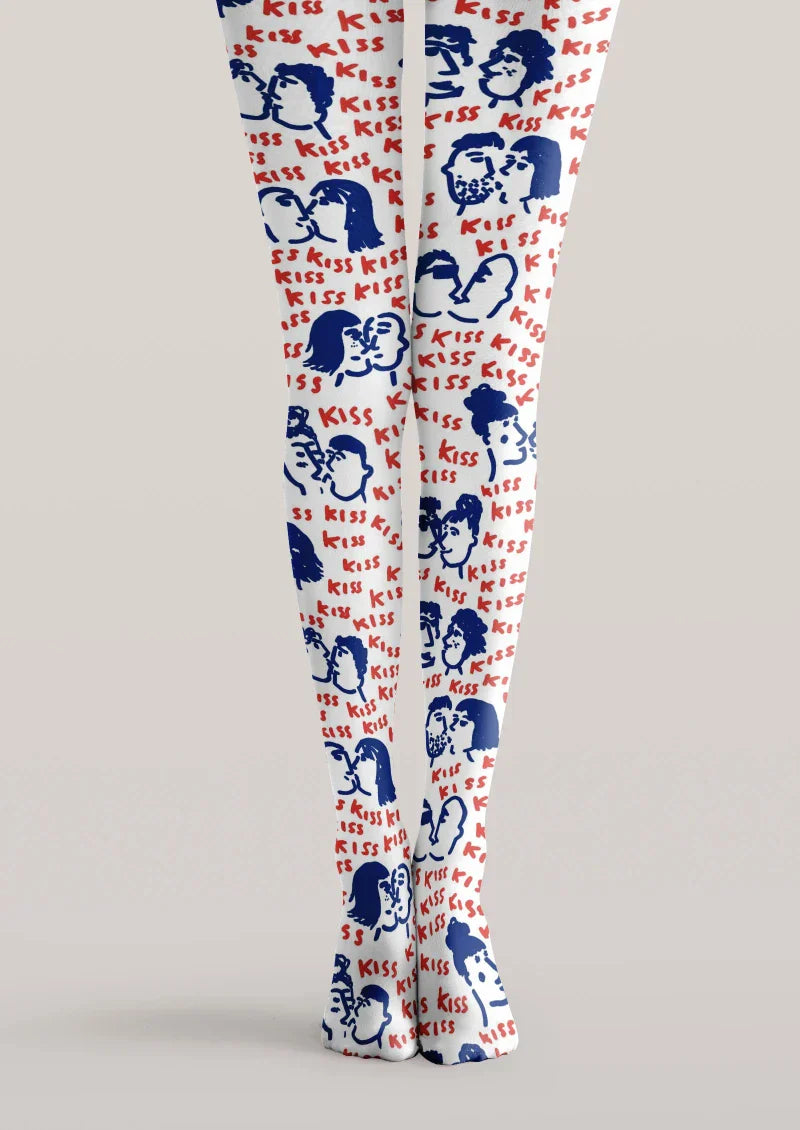Viken Plan White Blue Red Cartoon Graphic Tights Hosiery Pantyhose