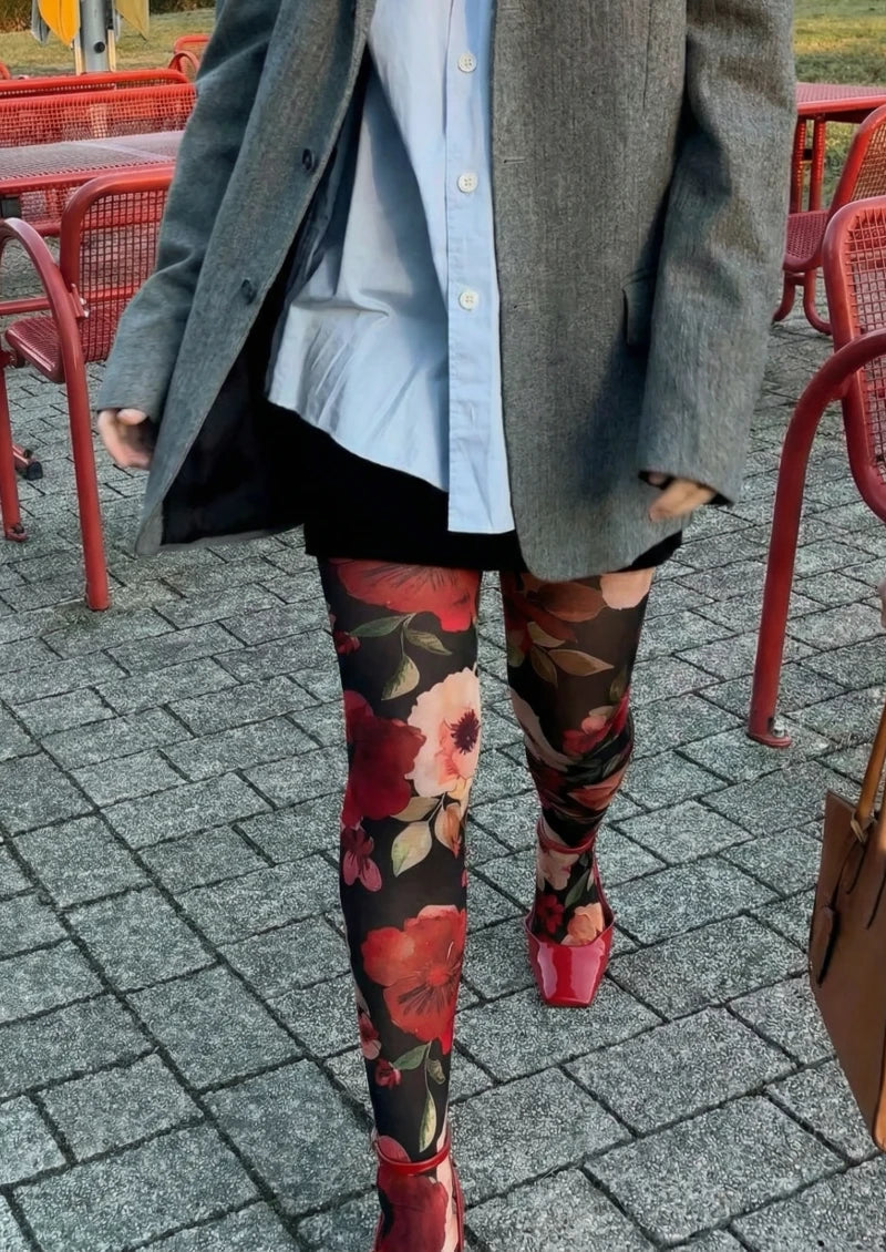 Viken Plan Black Red Floral Print Tights Hosiery Pantyhose