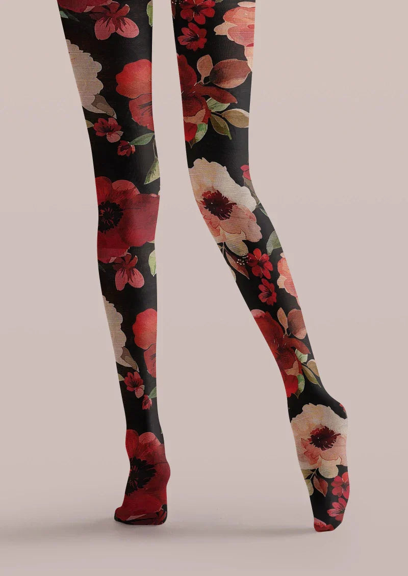 Viken Plan Black Red Floral Print Tights Hosiery Pantyhose