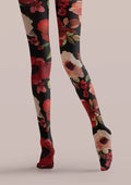 Viken Plan Black Red Floral Print Tights Hosiery Pantyhose