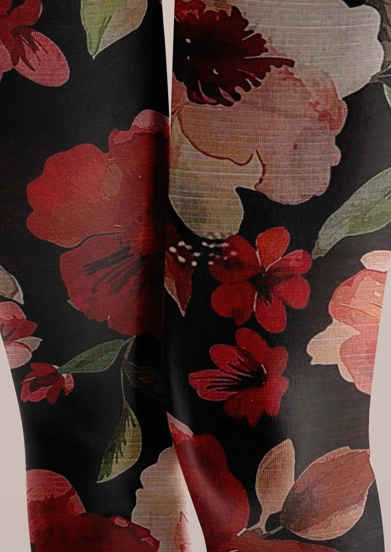 Viken Plan Black Red Floral Print Tights Hosiery Pantyhose