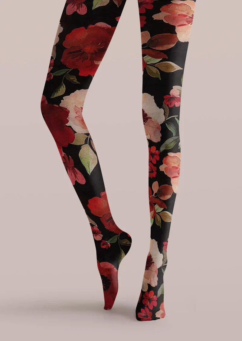 Viken Plan Black Red Floral Print Tights Hosiery Pantyhose