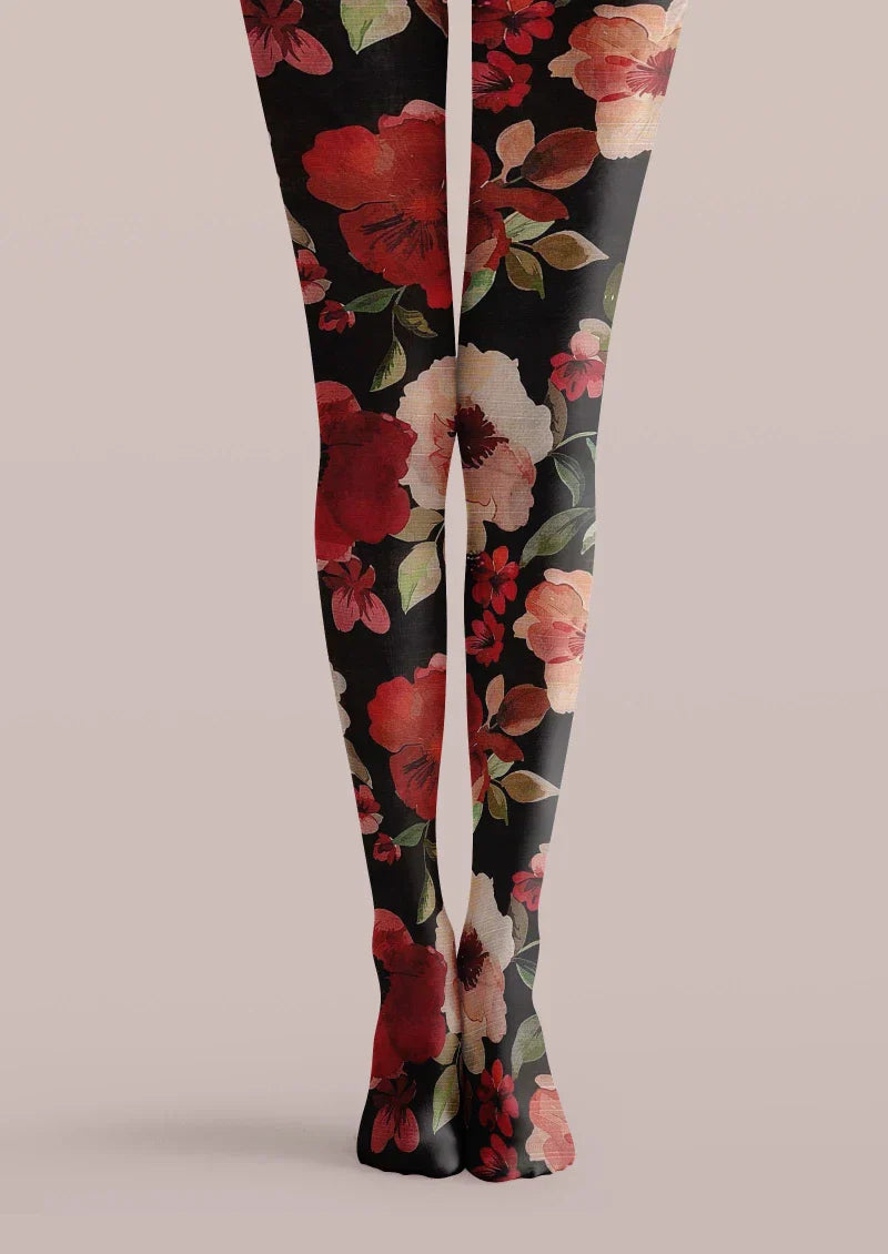 Viken Plan Black Red Floral Print Tights Hosiery Pantyhose