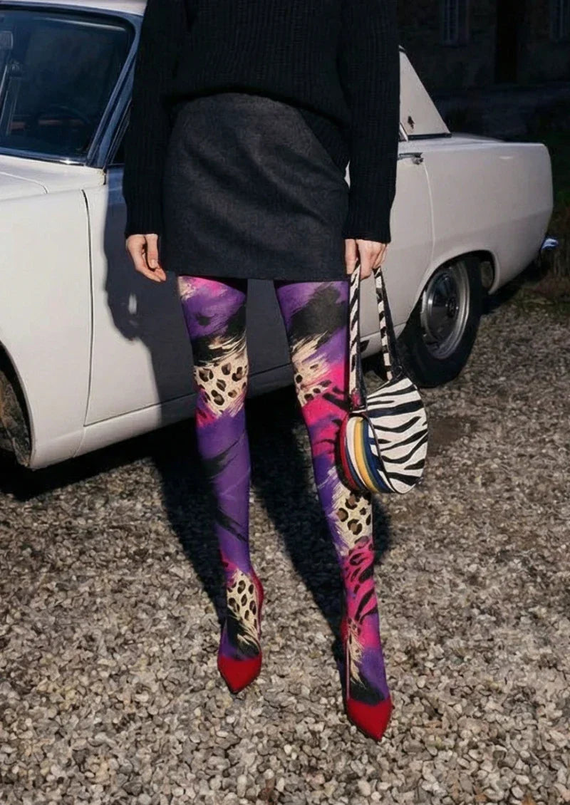 Viken Plan Purple Pink Skull Graphic Tights Hosiery Pantyhose