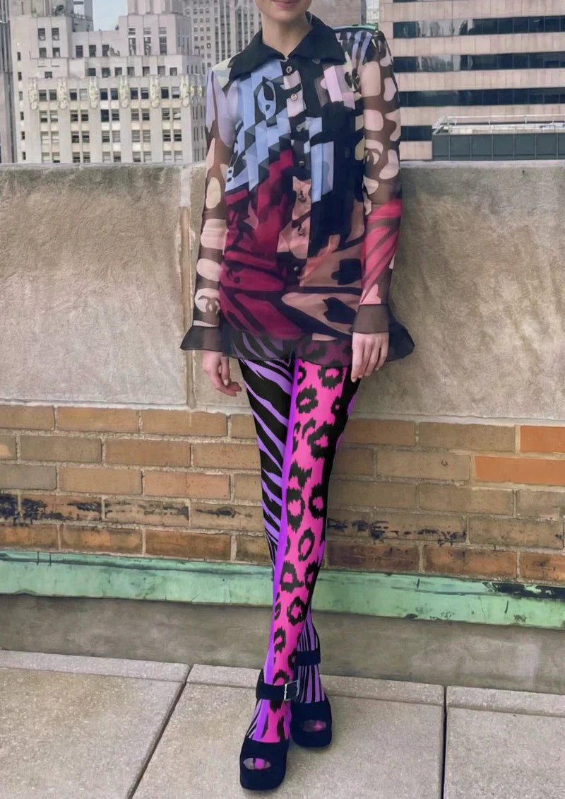 Viken Plan Purple Pink Animal Print Tights Hosiery Pantyhose