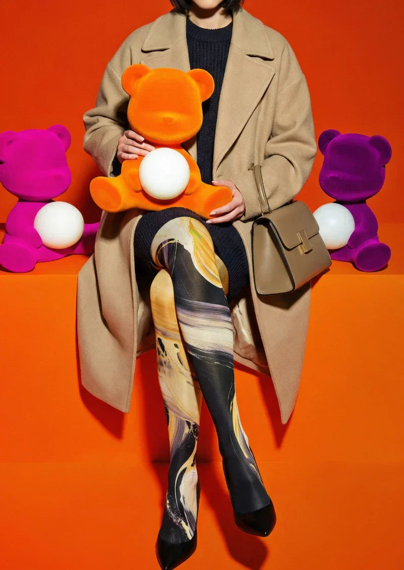 Viken Plan Yellow Black Abstract Art Tights Hosiery Pantyhose