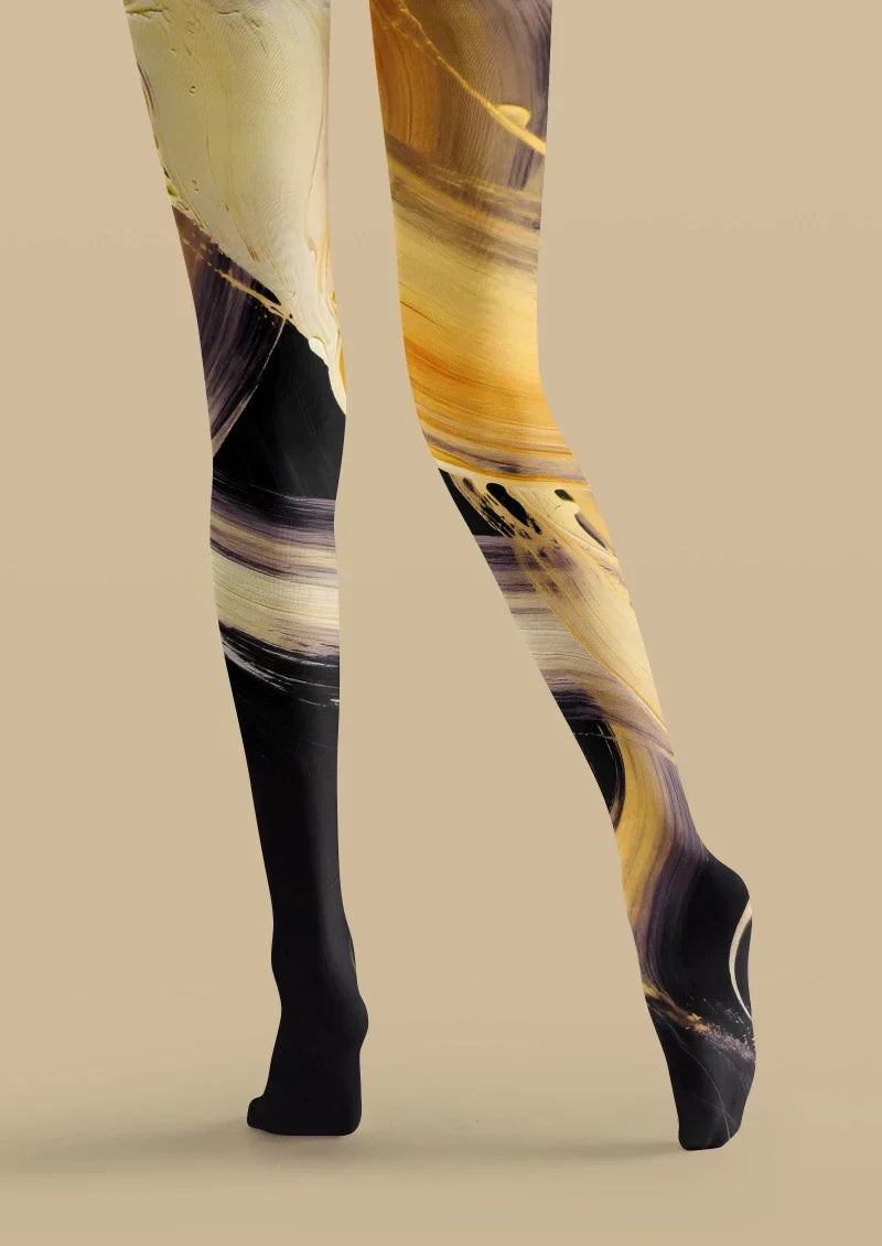 Viken Plan Yellow Black Abstract Art Tights Hosiery Pantyhose