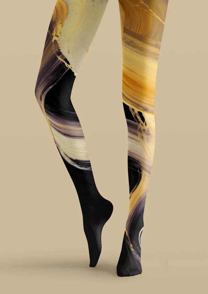 Viken Plan Yellow Black Abstract Art Tights Hosiery Pantyhose