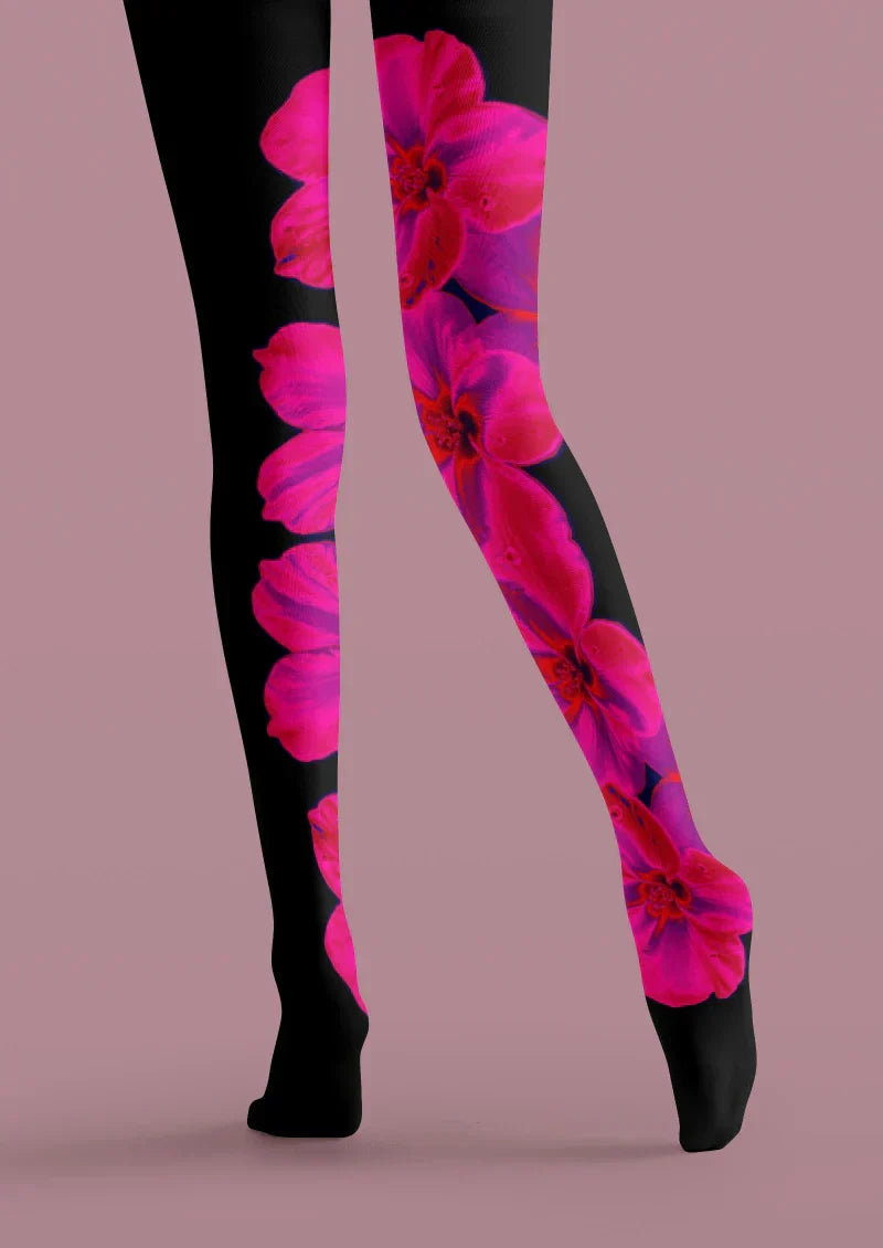 Viken Plan Black Pink Hibiscus Floral Tights Hosiery Pantyhose
