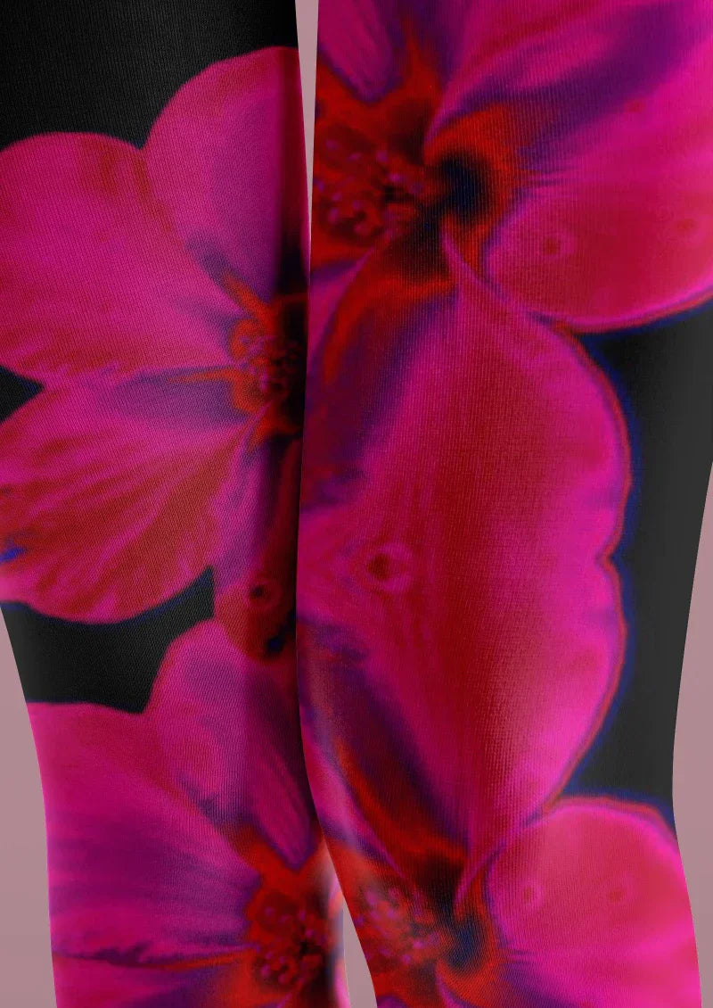 Viken Plan Black Pink Hibiscus Floral Tights Hosiery Pantyhose