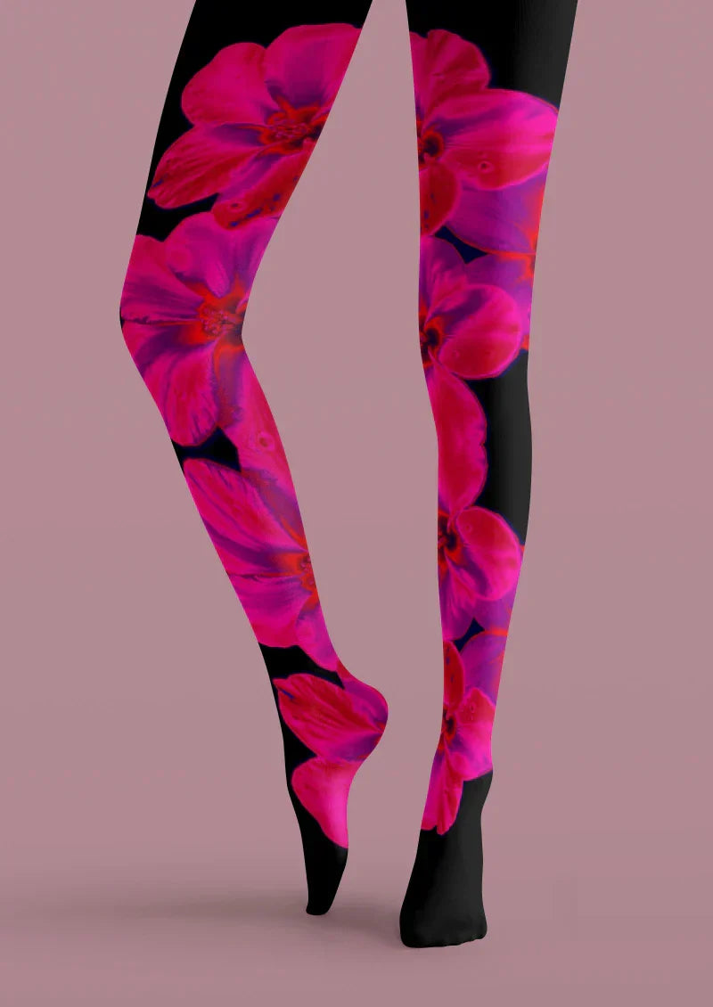 Viken Plan Black Pink Hibiscus Floral Tights Hosiery Pantyhose