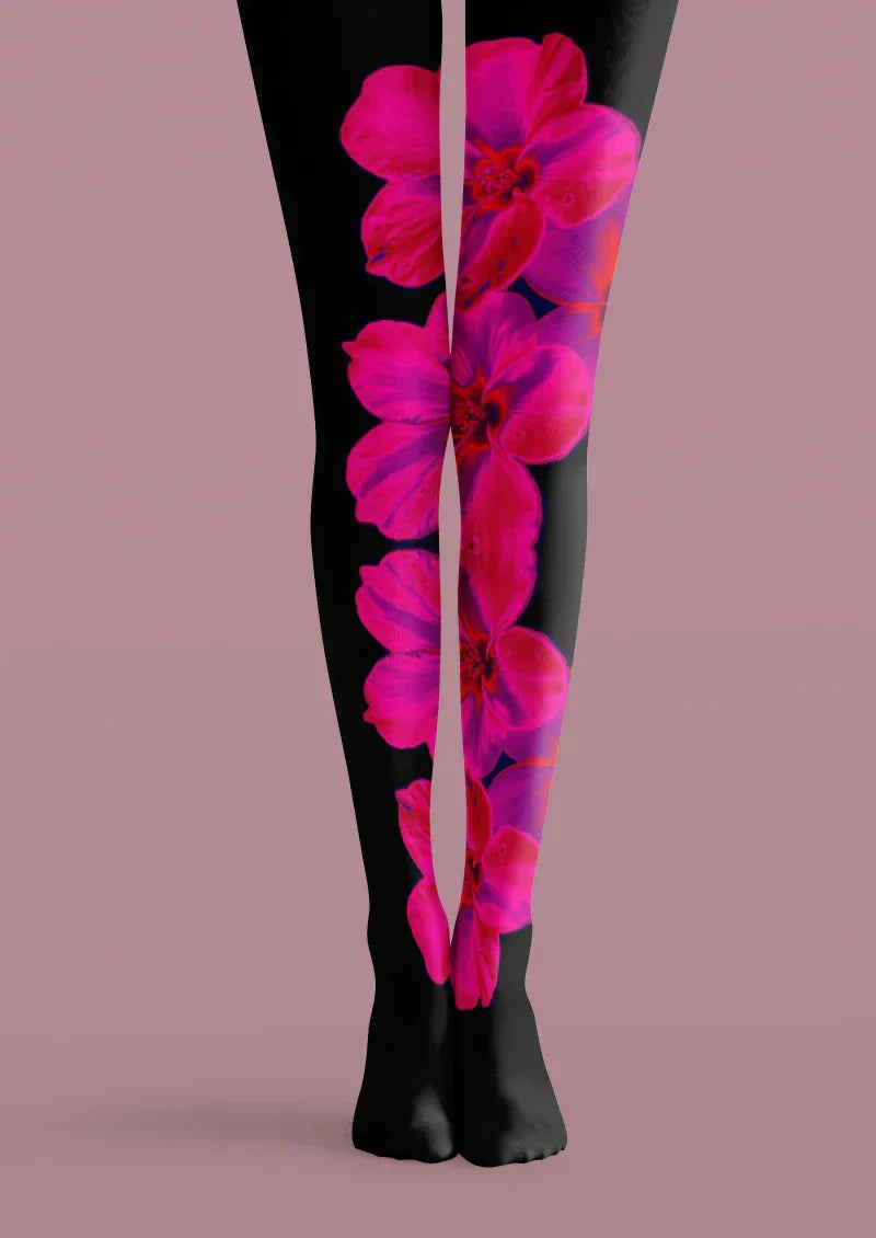 Viken Plan Black Pink Hibiscus Floral Tights Hosiery Pantyhose