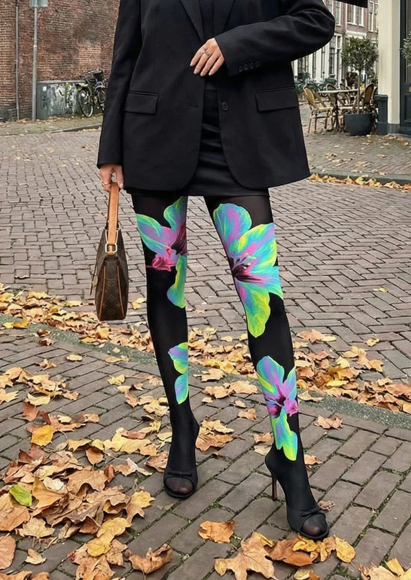 Viken Plan Black Colorful Leaf Floral Tights Hosiery Pantyhose