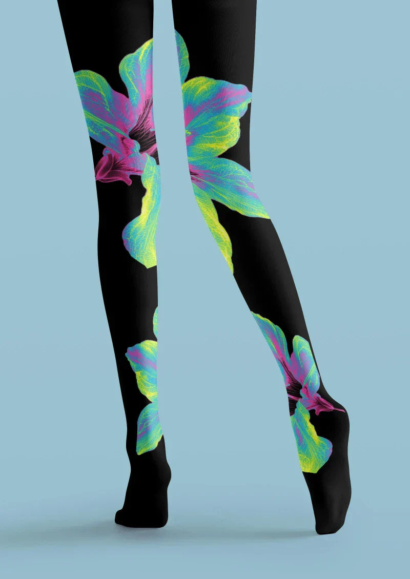 Viken Plan Black Colorful Leaf Floral Tights Hosiery Pantyhose
