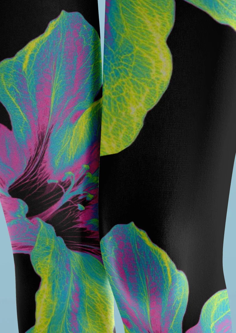 Viken Plan Black Colorful Leaf Floral Tights Hosiery Pantyhose