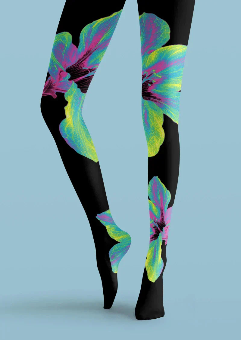 Viken Plan Black Colorful Leaf Floral Tights Hosiery Pantyhose