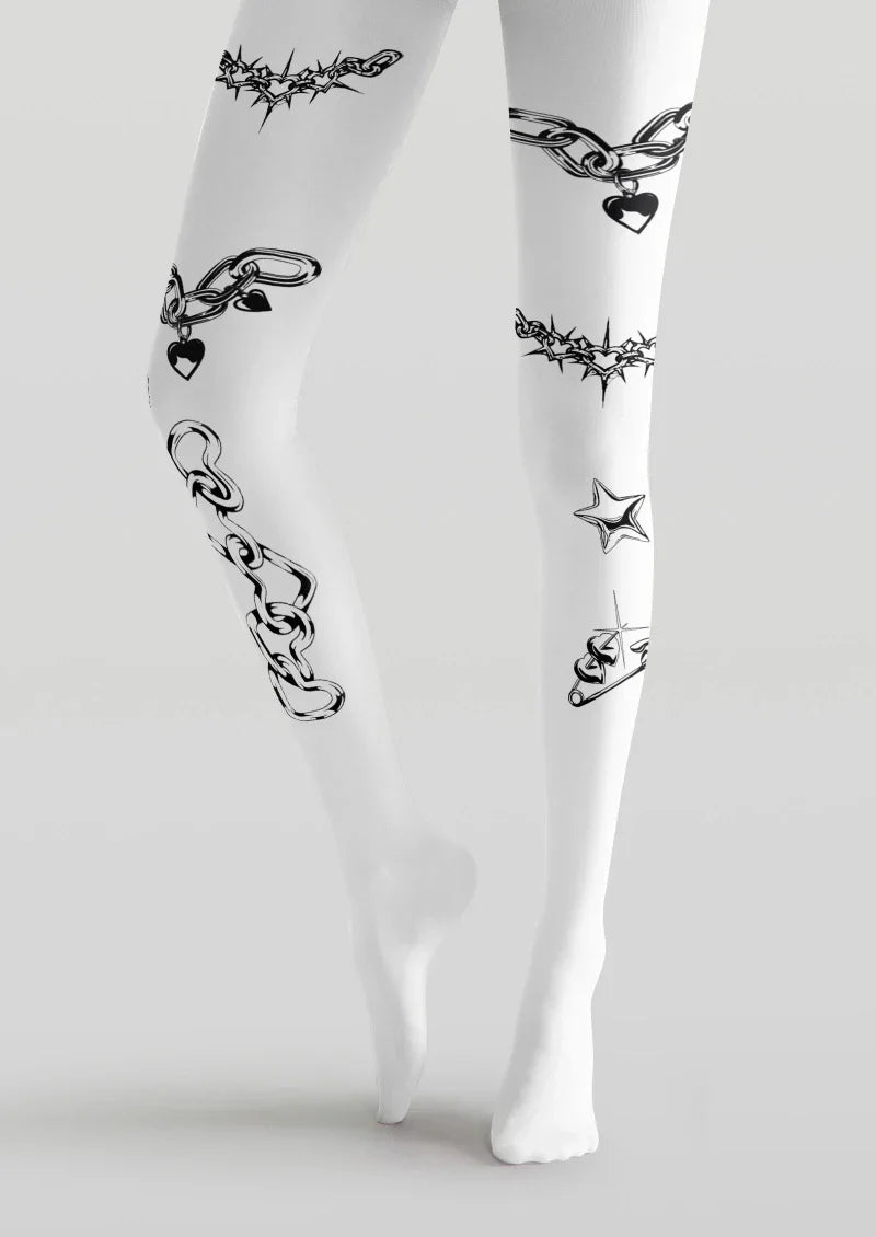 Viken Plan White Black Tattoo Graphic Tights Hosiery Pantyhose