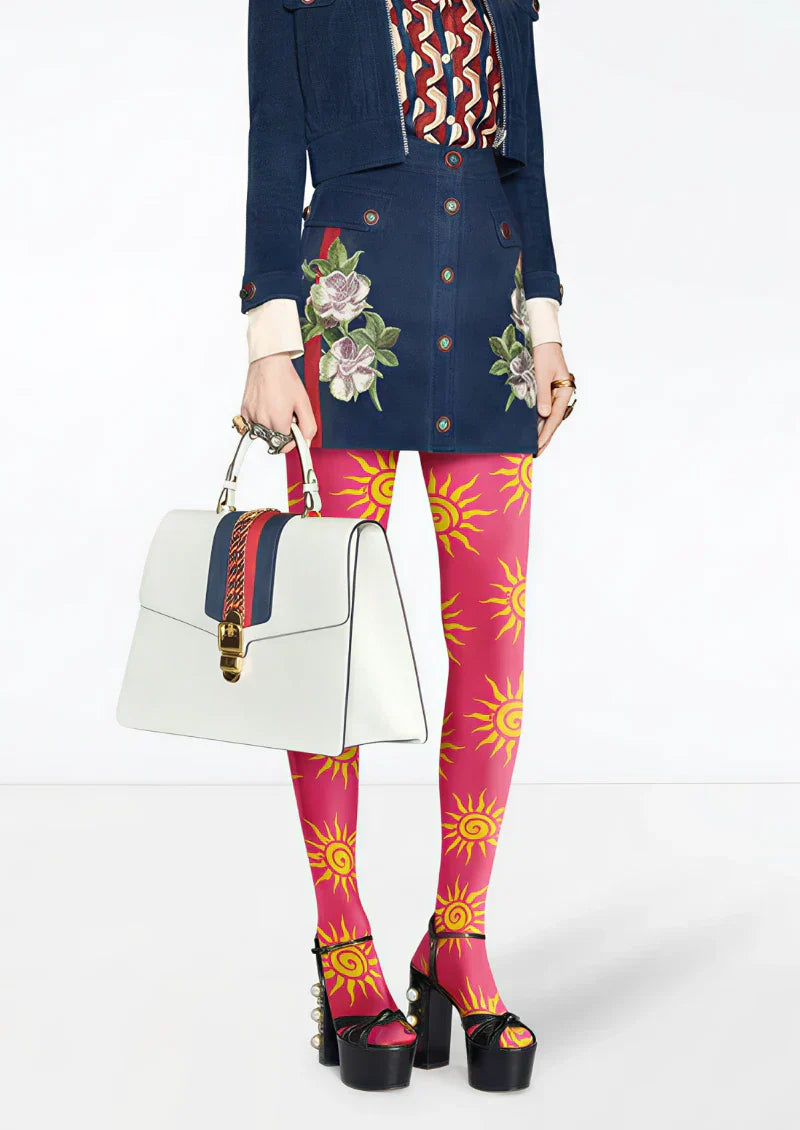 Viken Plan Red Yellow Sun Graphic Tights Hosiery Pantyhose