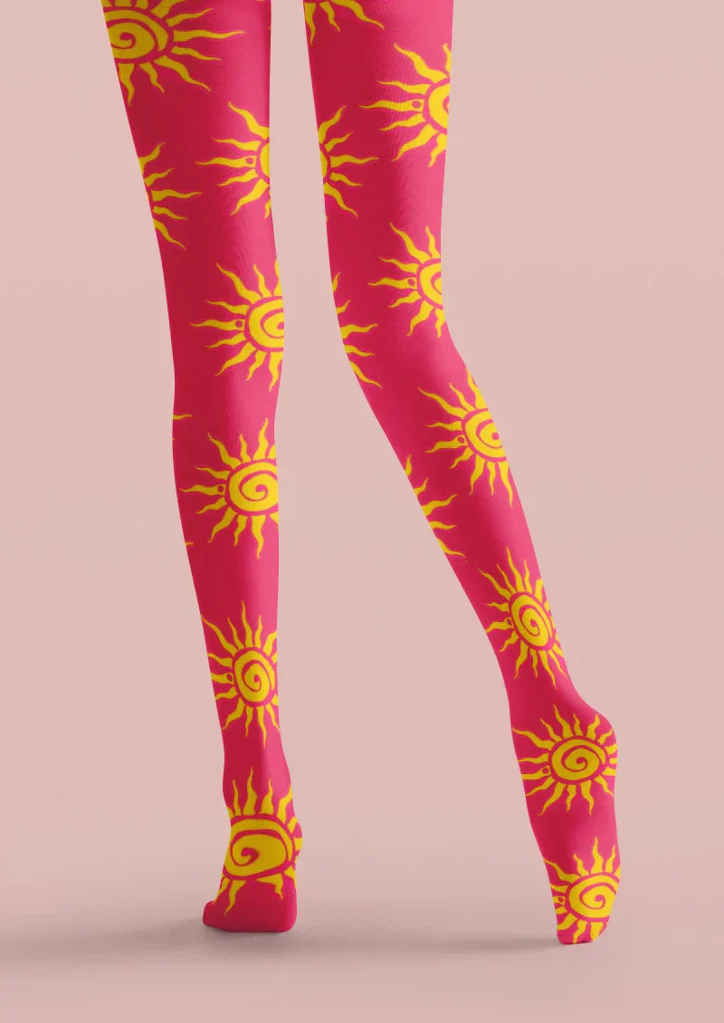 Viken Plan Red Yellow Sun Graphic Tights Hosiery Pantyhose
