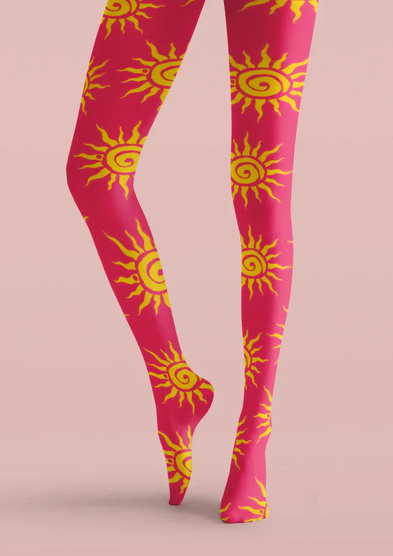 Viken Plan Red Yellow Sun Graphic Tights Hosiery Pantyhose