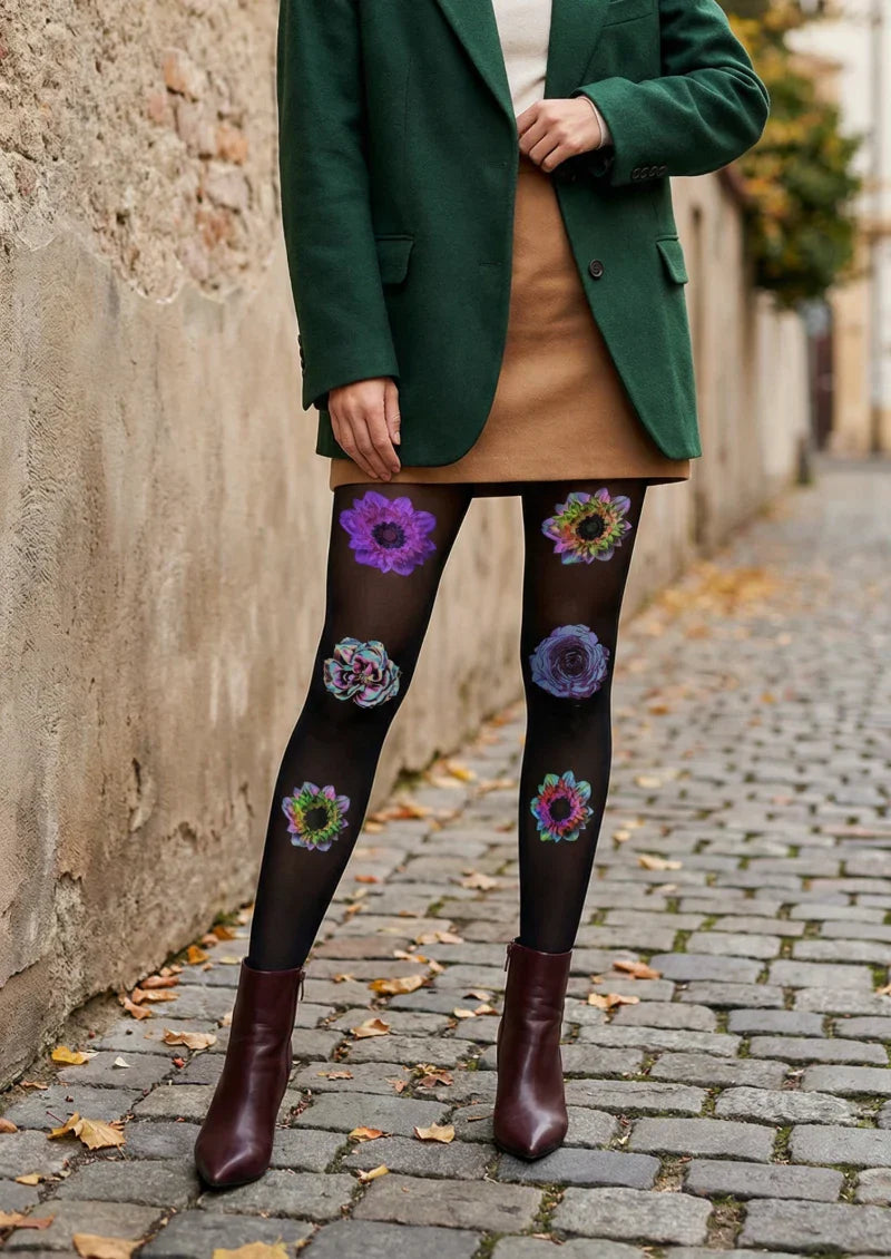 Viken Plan Black Purple Floral Print Tights Hosiery Pantyhose