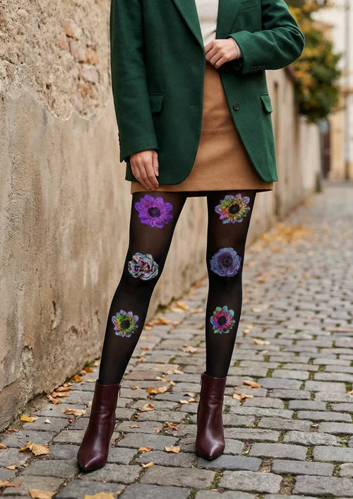 Viken Plan Black Purple Floral Print Tights Hosiery Pantyhose