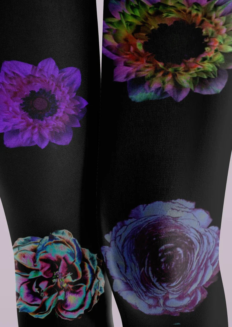 Viken Plan Black Purple Floral Print Tights Hosiery Pantyhose