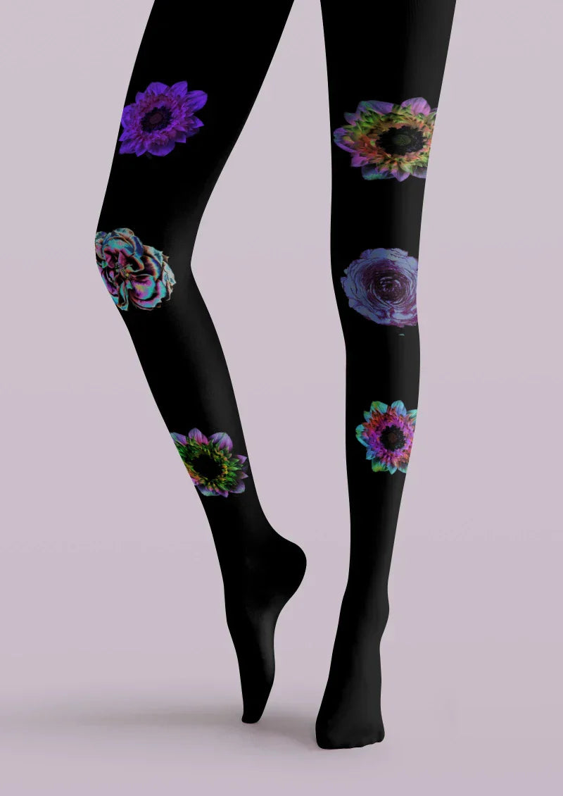 Viken Plan Black Purple Floral Print Tights Hosiery Pantyhose