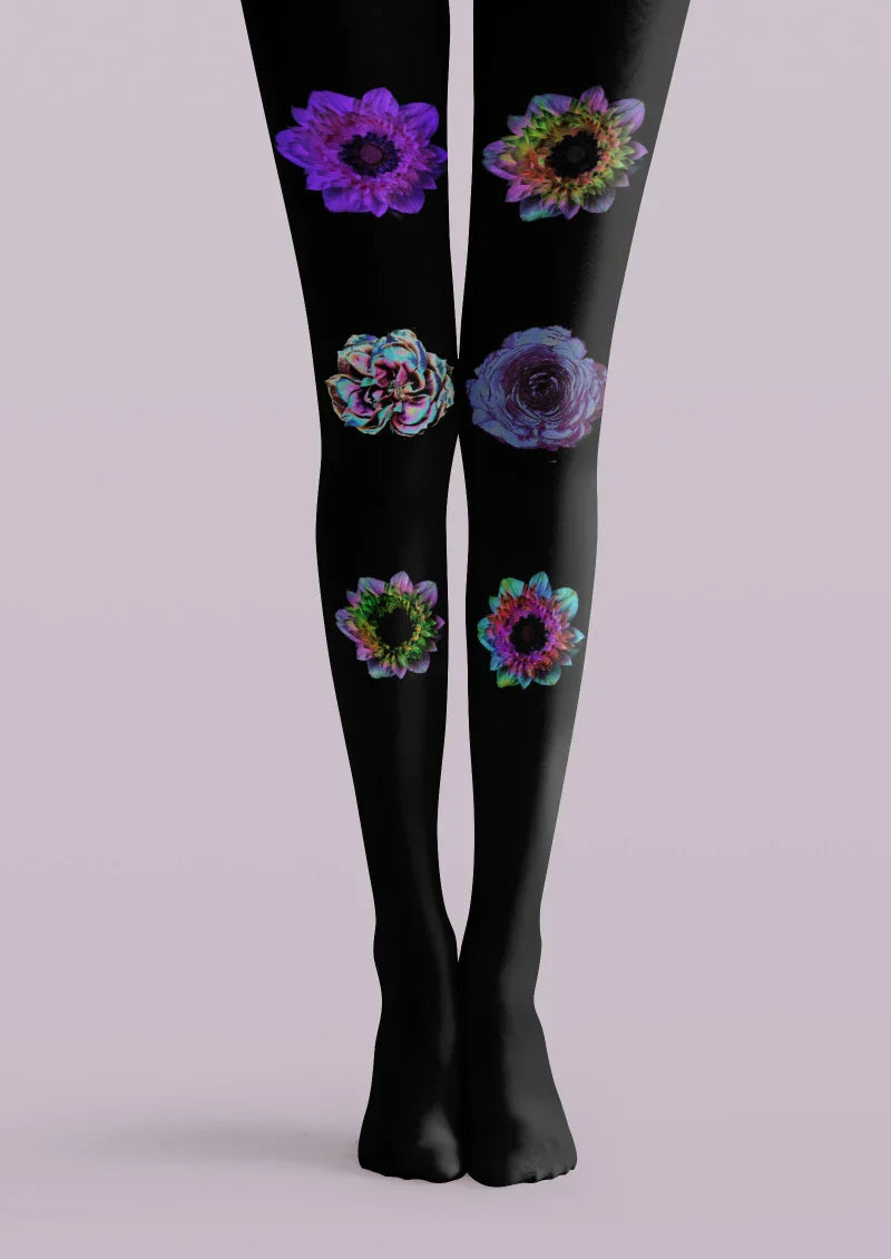 Viken Plan Black Purple Floral Print Tights Hosiery Pantyhose