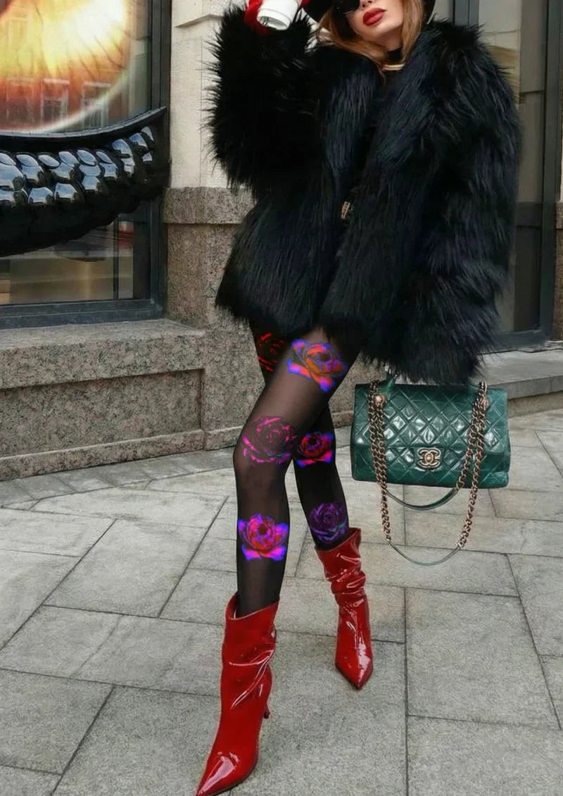 Viken Plan Black Red Purple Floral Tights Hosiery Pantyhose