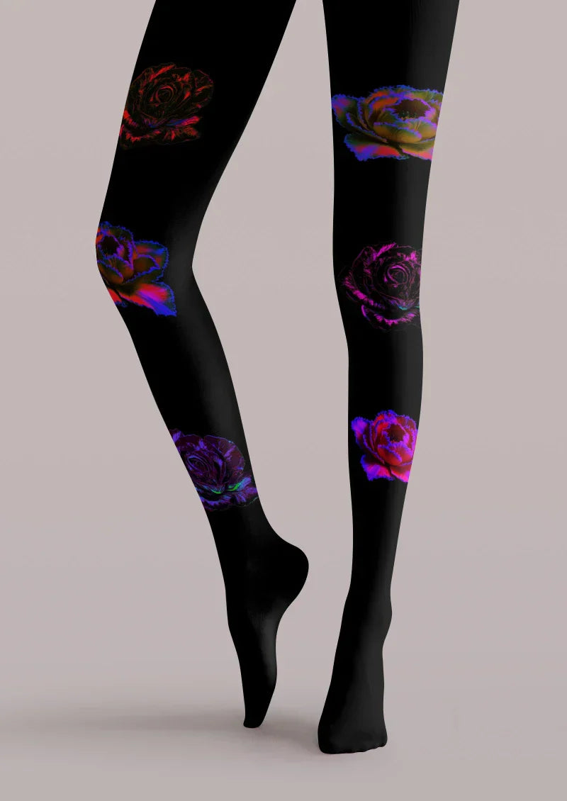 Viken Plan Black Red Purple Floral Tights Hosiery Pantyhose