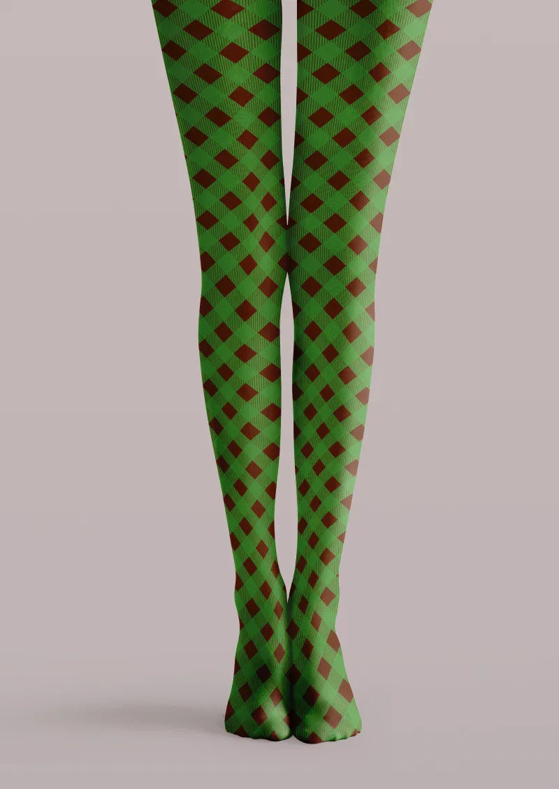 Viken Plan Green Brown Argyle Tights Hosiery Pantyhose