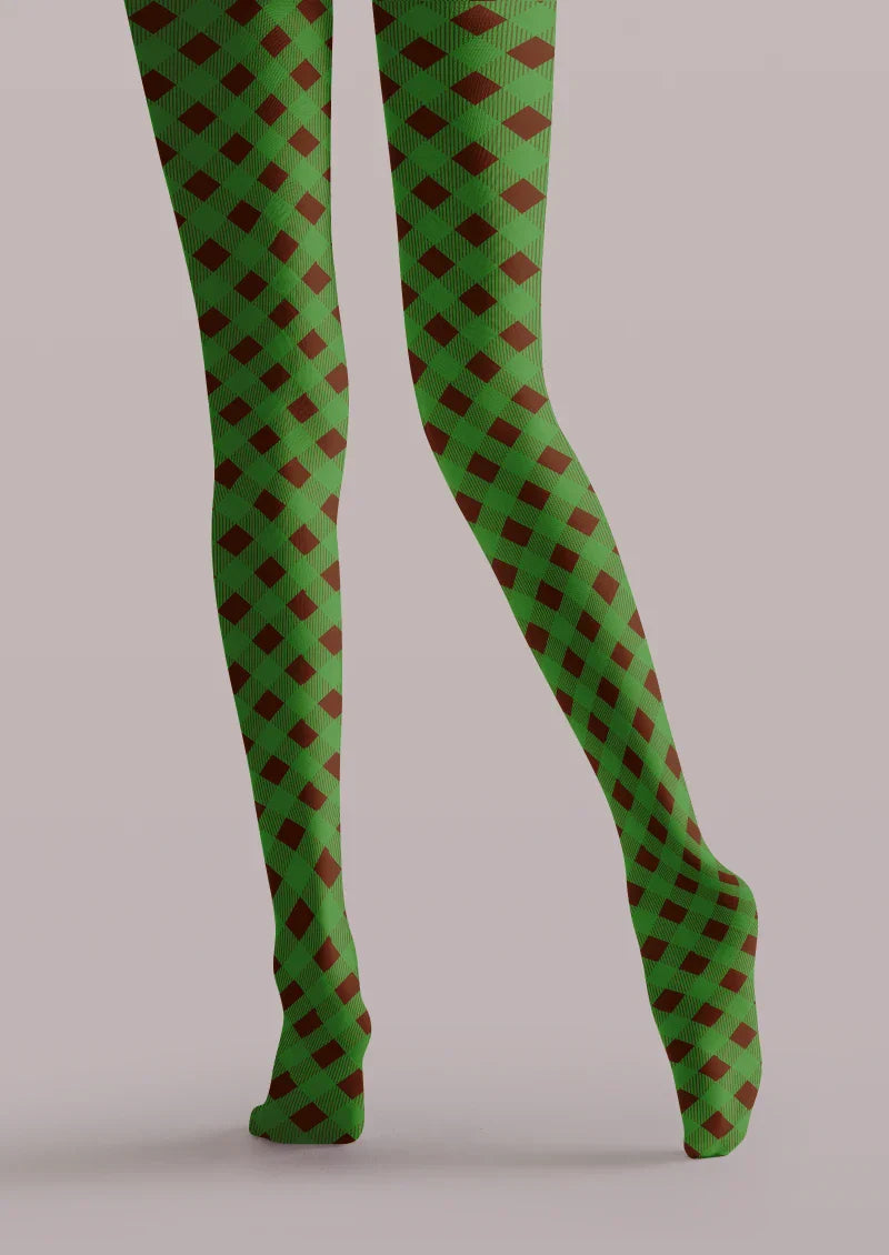 Viken Plan Green Brown Argyle Tights Hosiery Pantyhose