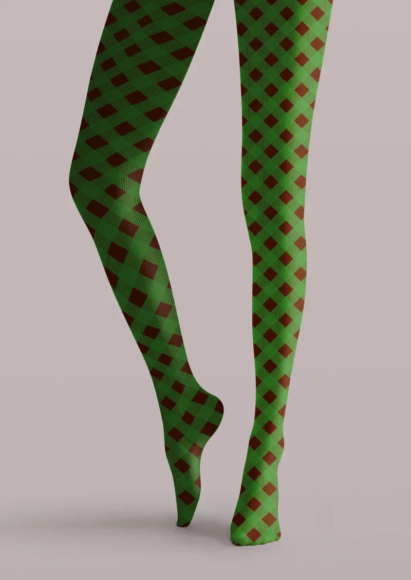 Viken Plan Green Brown Argyle Tights Hosiery Pantyhose
