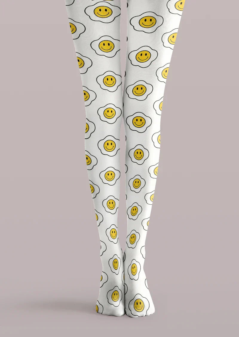 Viken Plan White Yellow Smiley Face Tights Hosiery Pantyhose