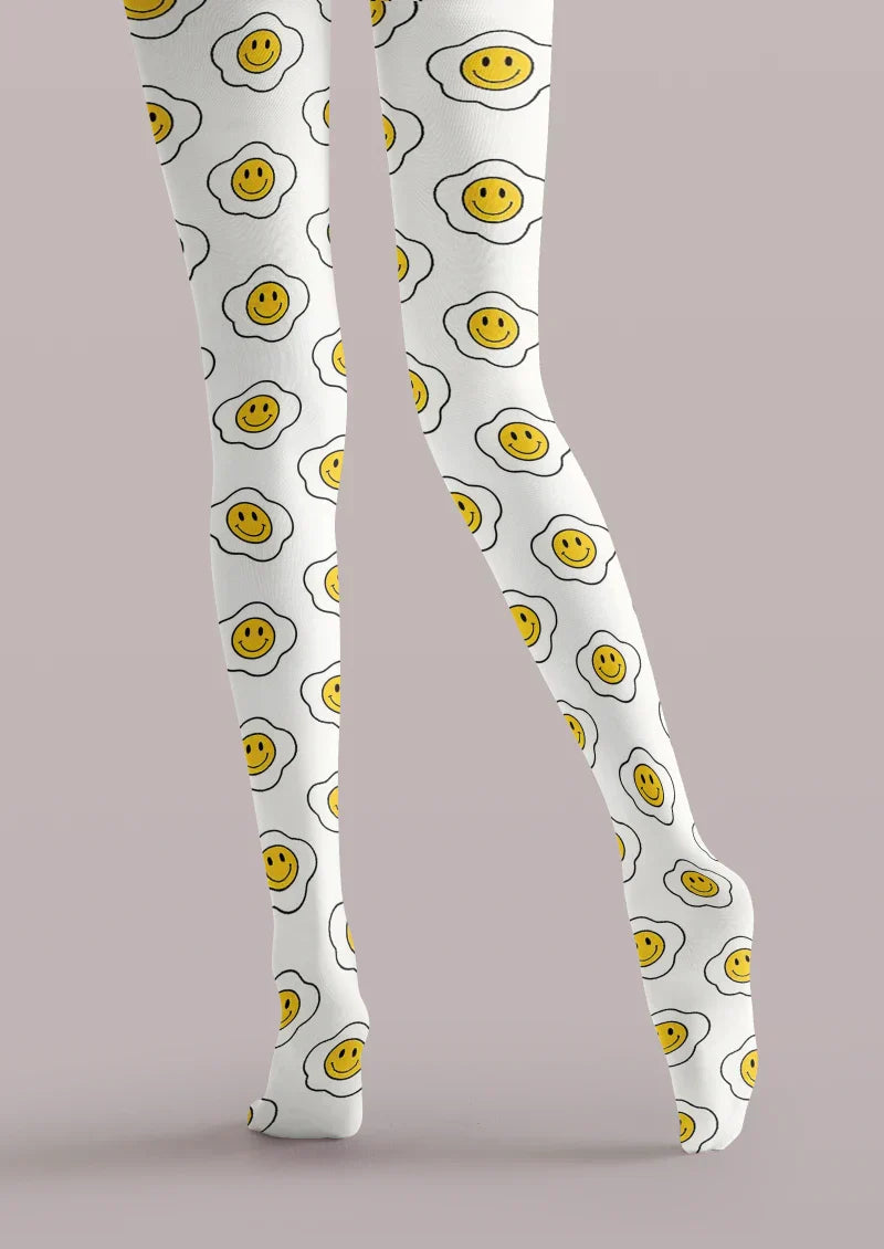 Viken Plan White Yellow Smiley Face Tights Hosiery Pantyhose