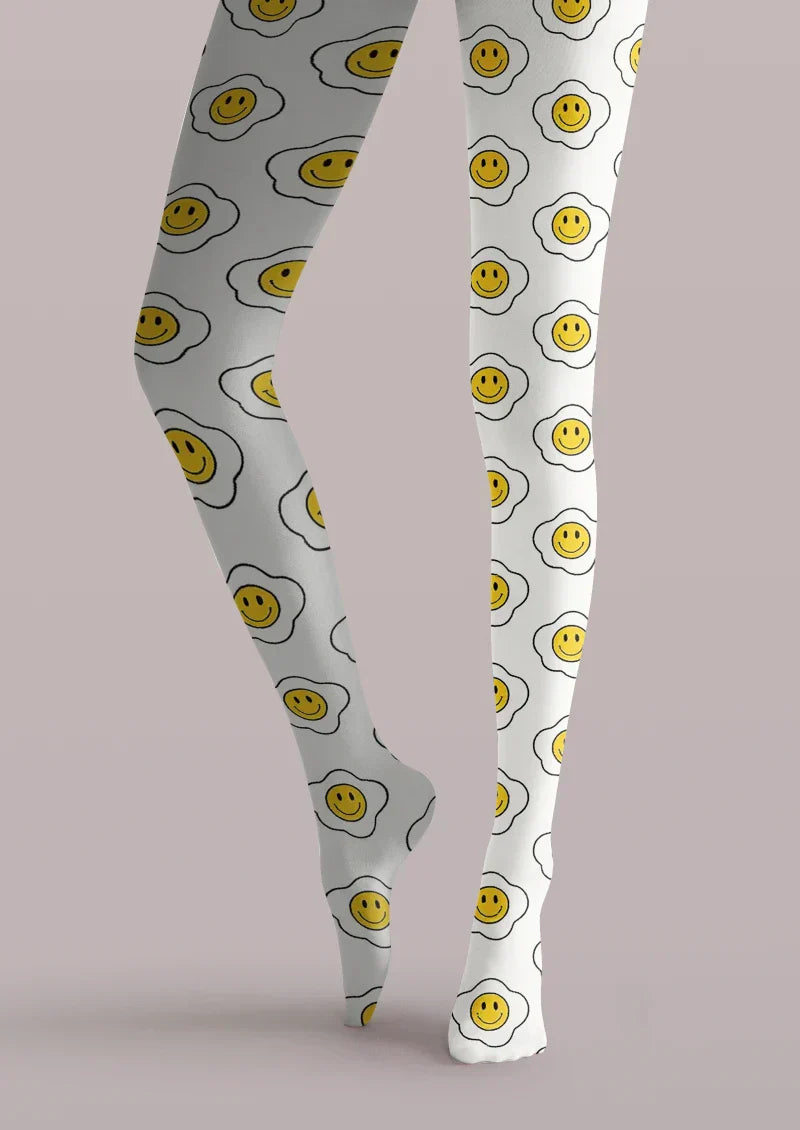 Viken Plan White Yellow Smiley Face Tights Hosiery Pantyhose