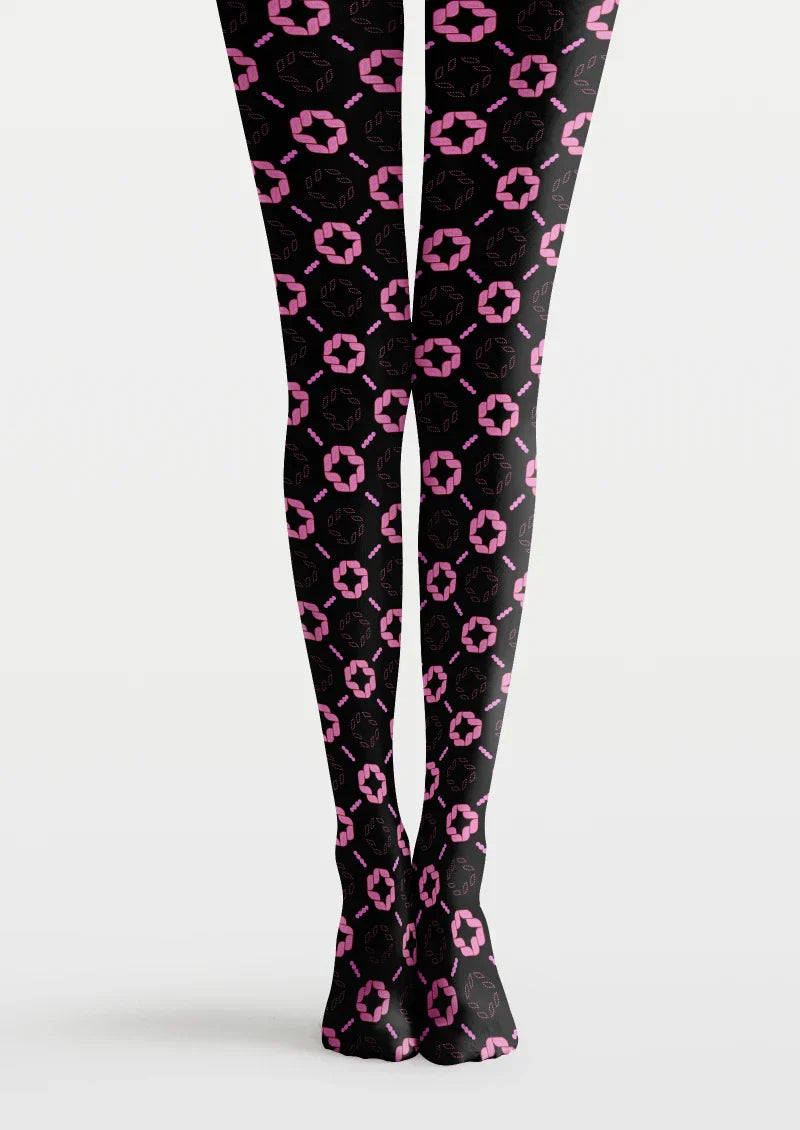 Viken Plan Black Pink Geometric Tights Hosiery Pantyhose