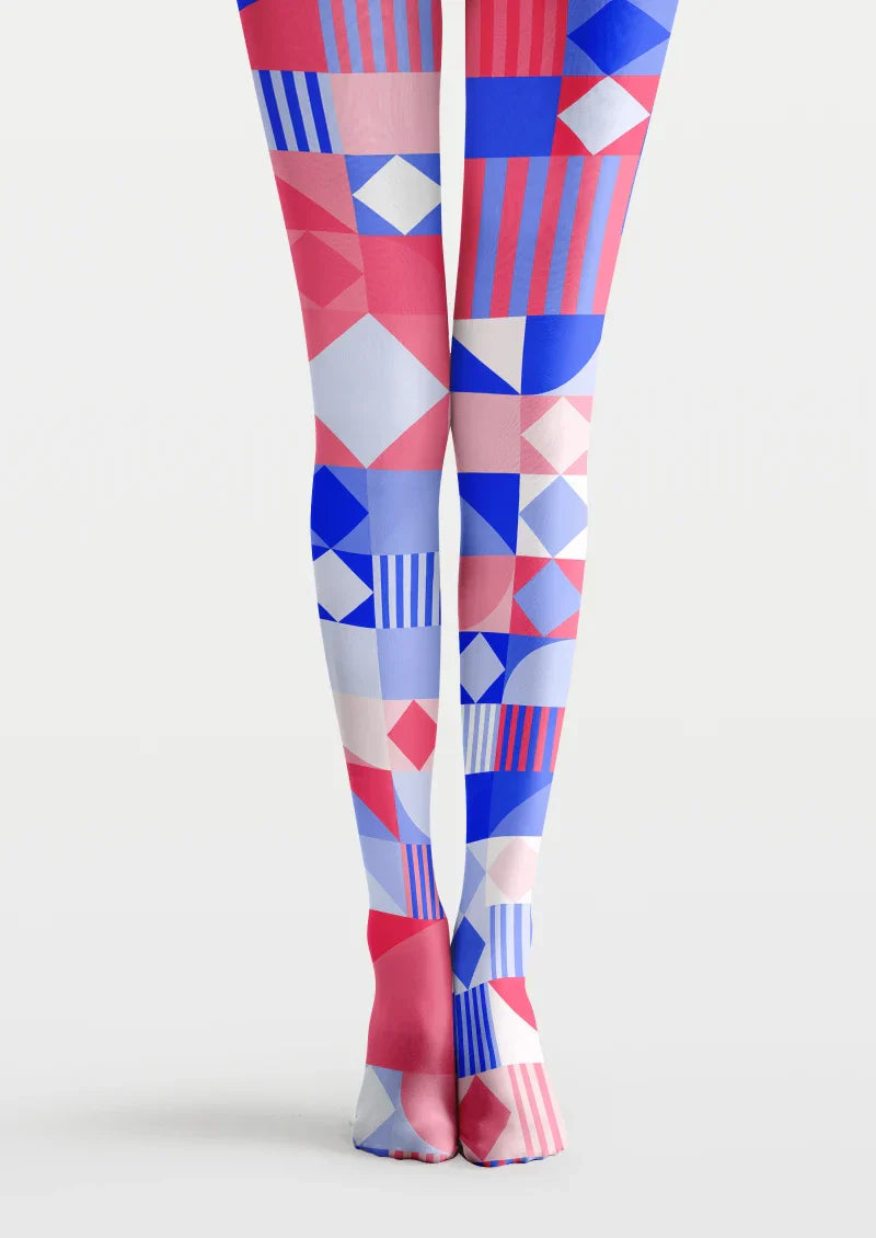 Viken Plan Red Blue Geometric Patchwork Tights Hosiery Pantyhose