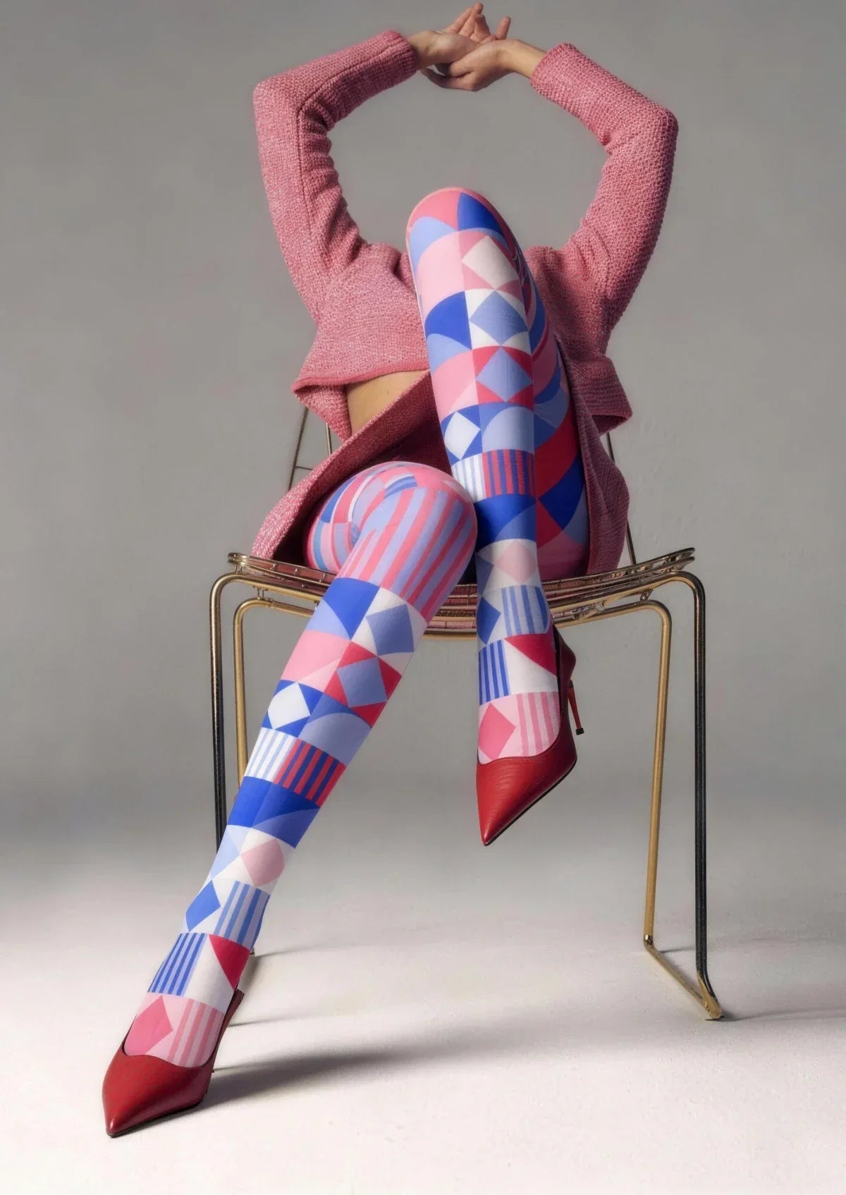 Viken Plan Red Blue Geometric Patchwork Tights Hosiery Pantyhose