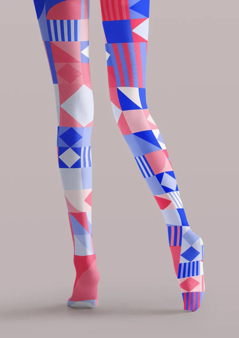 Viken Plan Red Blue Geometric Patchwork Tights Hosiery Pantyhose