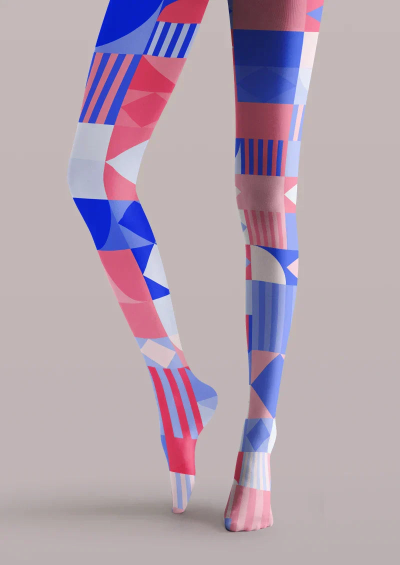 Viken Plan Red Blue Geometric Patchwork Tights Hosiery Pantyhose