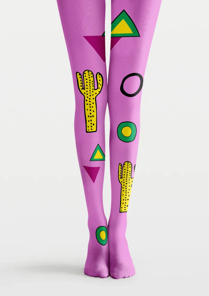 Viken Plan Purple Yellow Cactus Graphic Tights Hosiery Pantyhose