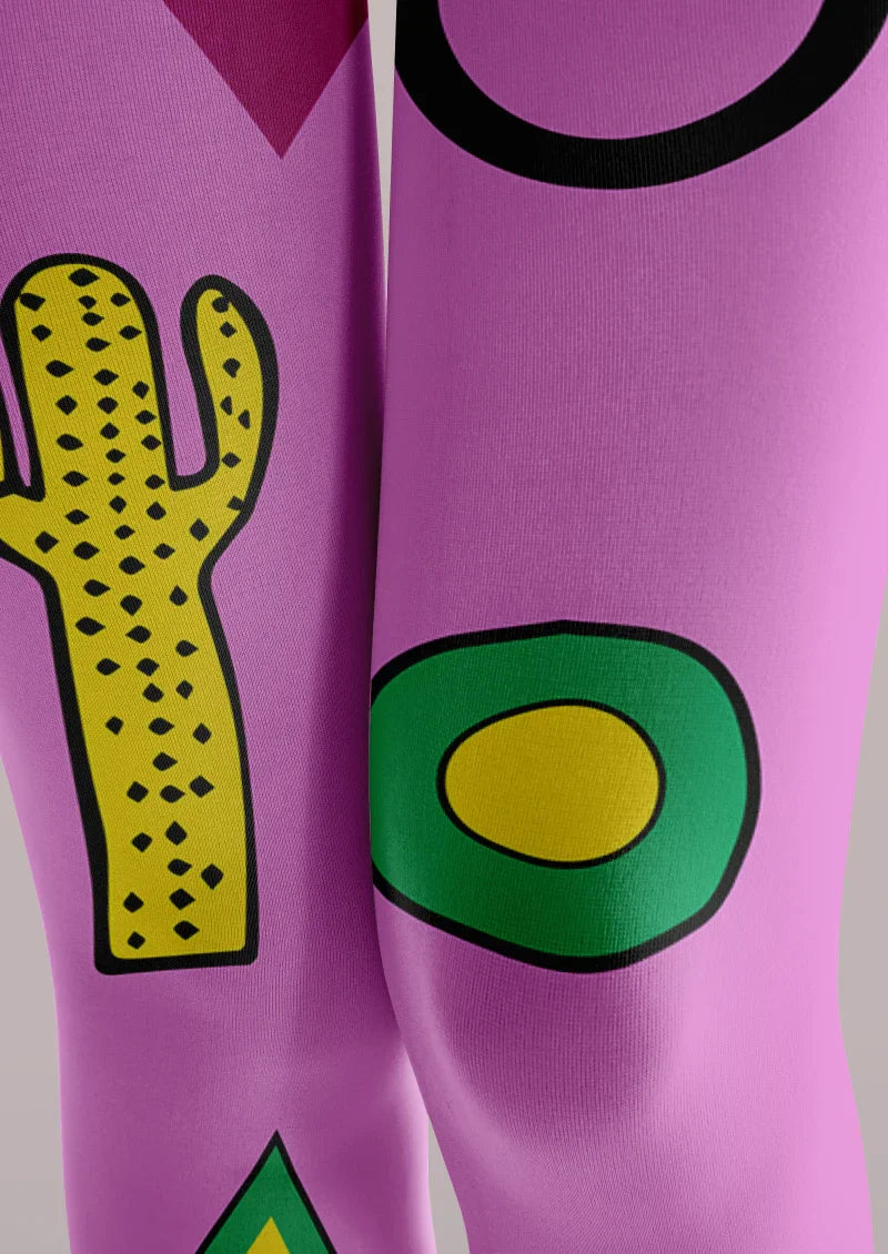 Viken Plan Purple Yellow Cactus Graphic Tights Hosiery Pantyhose