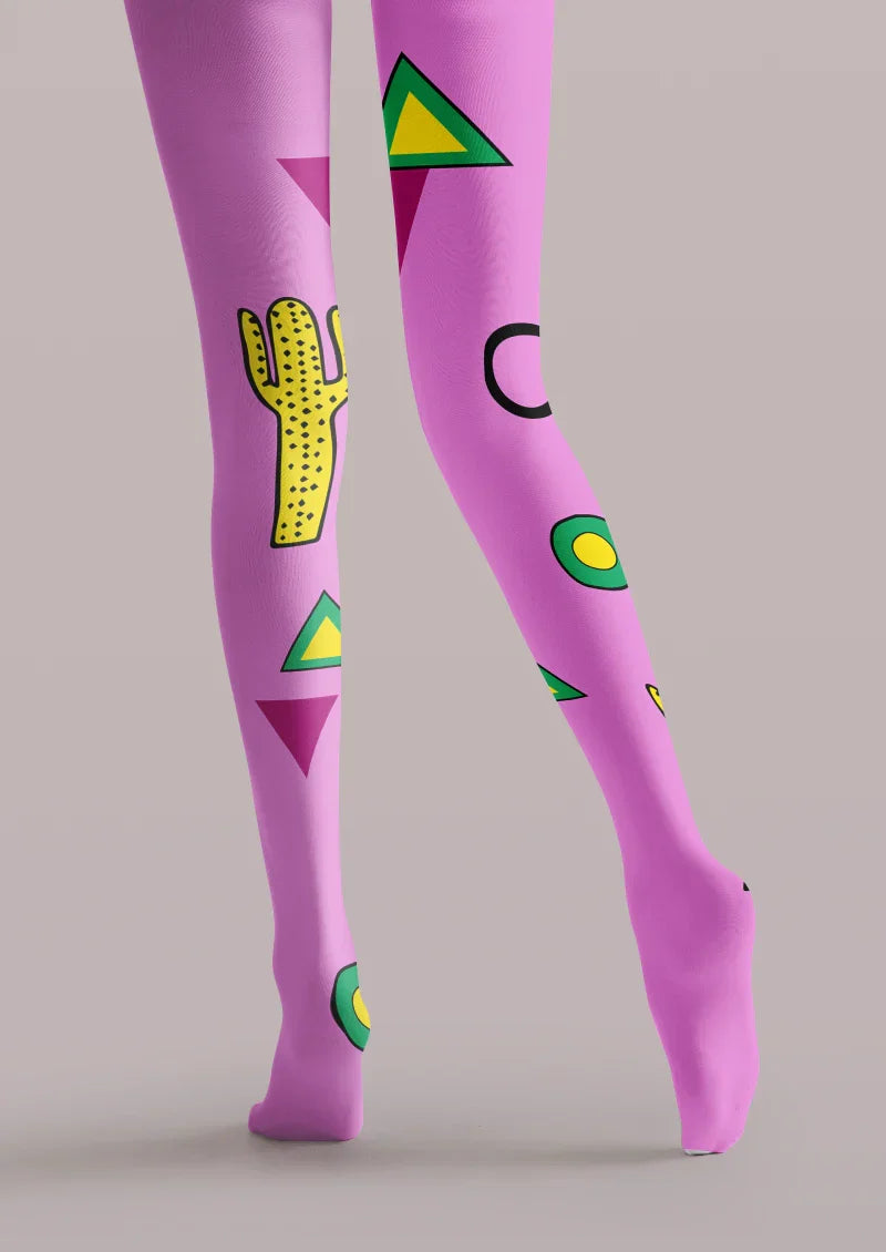 Viken Plan Purple Yellow Cactus Graphic Tights Hosiery Pantyhose