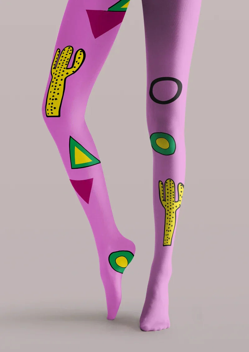 Viken Plan Purple Yellow Cactus Graphic Tights Hosiery Pantyhose