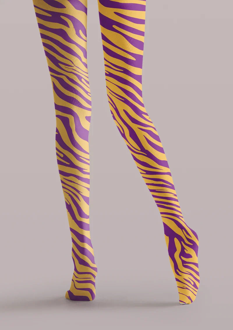 Viken Plan Purple Yellow Zebra Print Tights Hosiery Pantyhose