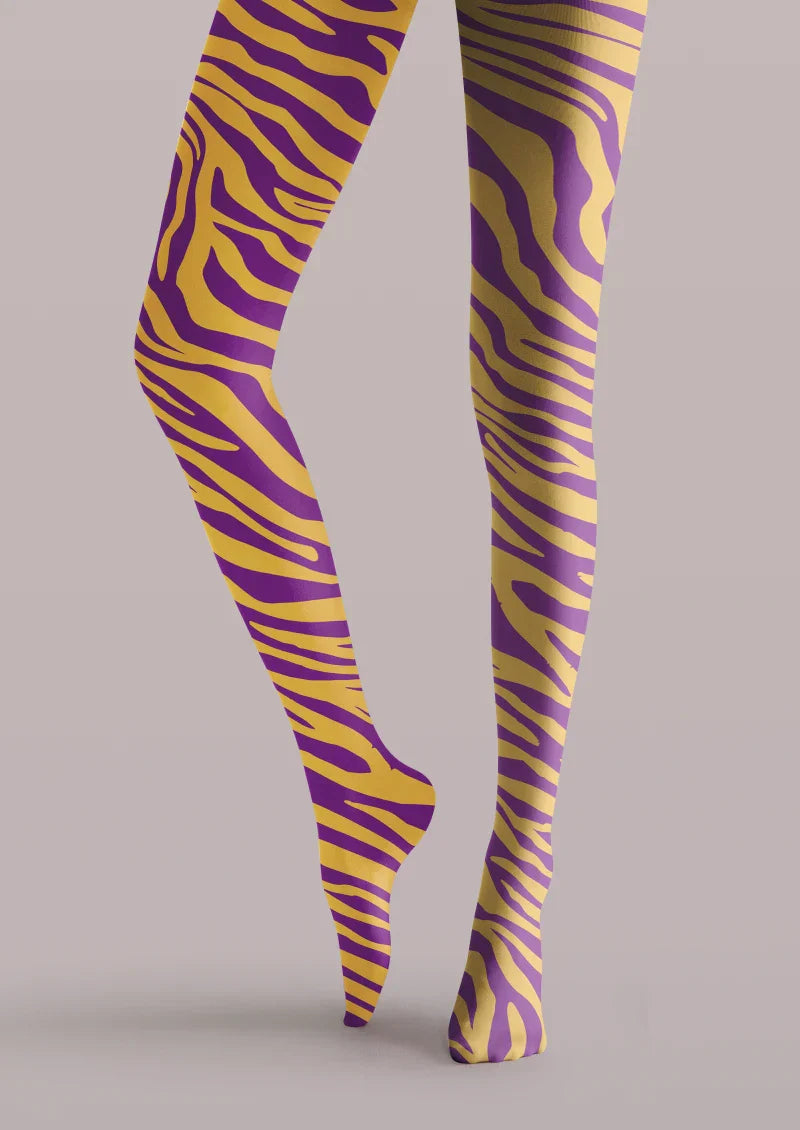 Viken Plan Purple Yellow Zebra Print Tights Hosiery Pantyhose
