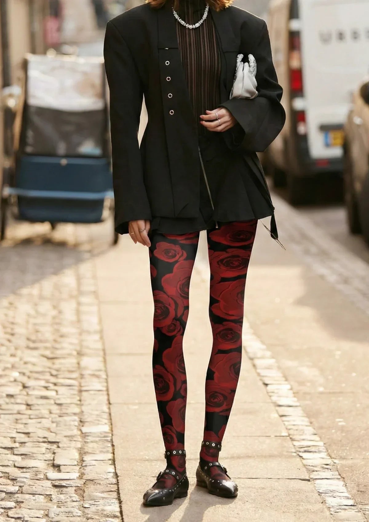 Viken Plan Black Red Floral Print Tights Hosiery Pantyhose