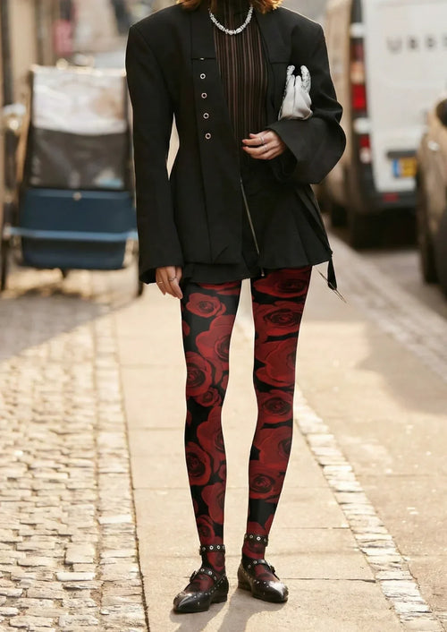 Viken Plan Black Red Floral Print Tights Hosiery Pantyhose